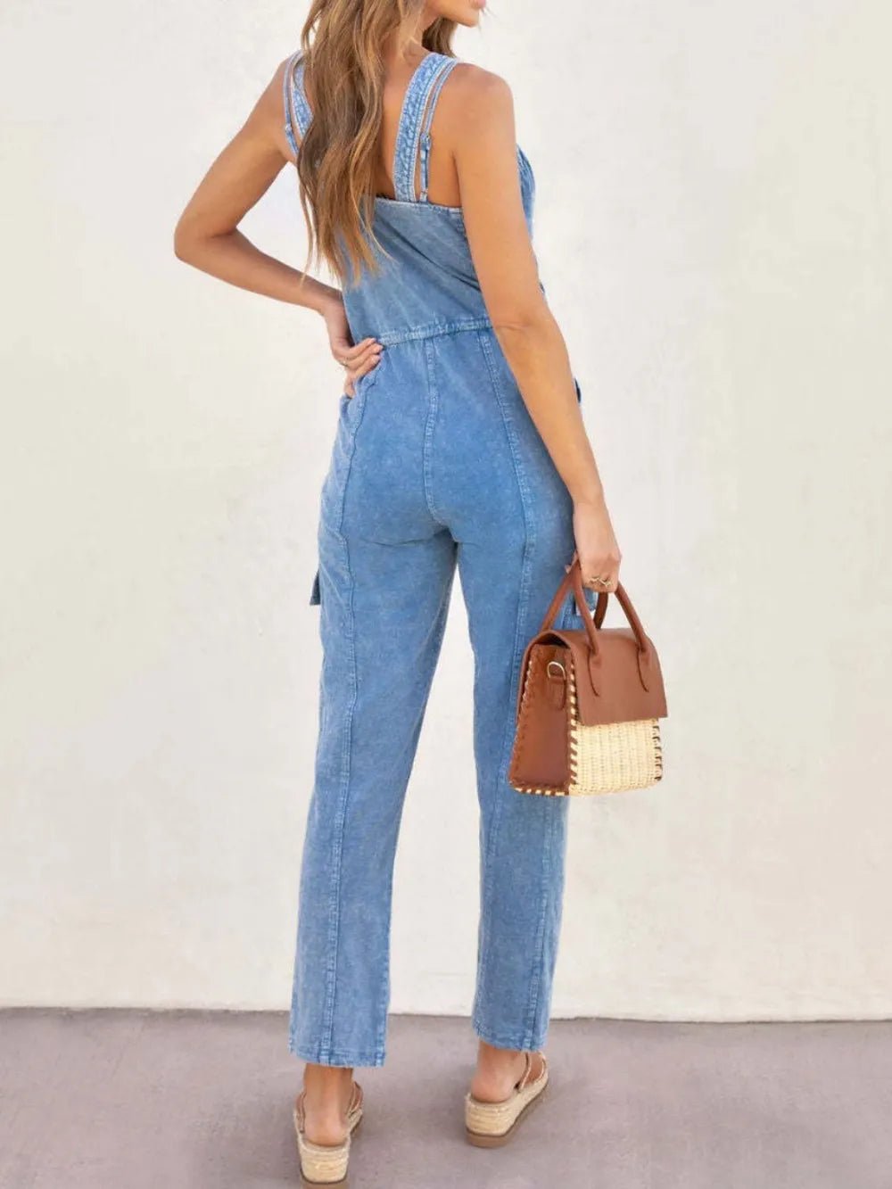 V - Neck Sleeveless Denim Jumpsuit - MegaSuperStar