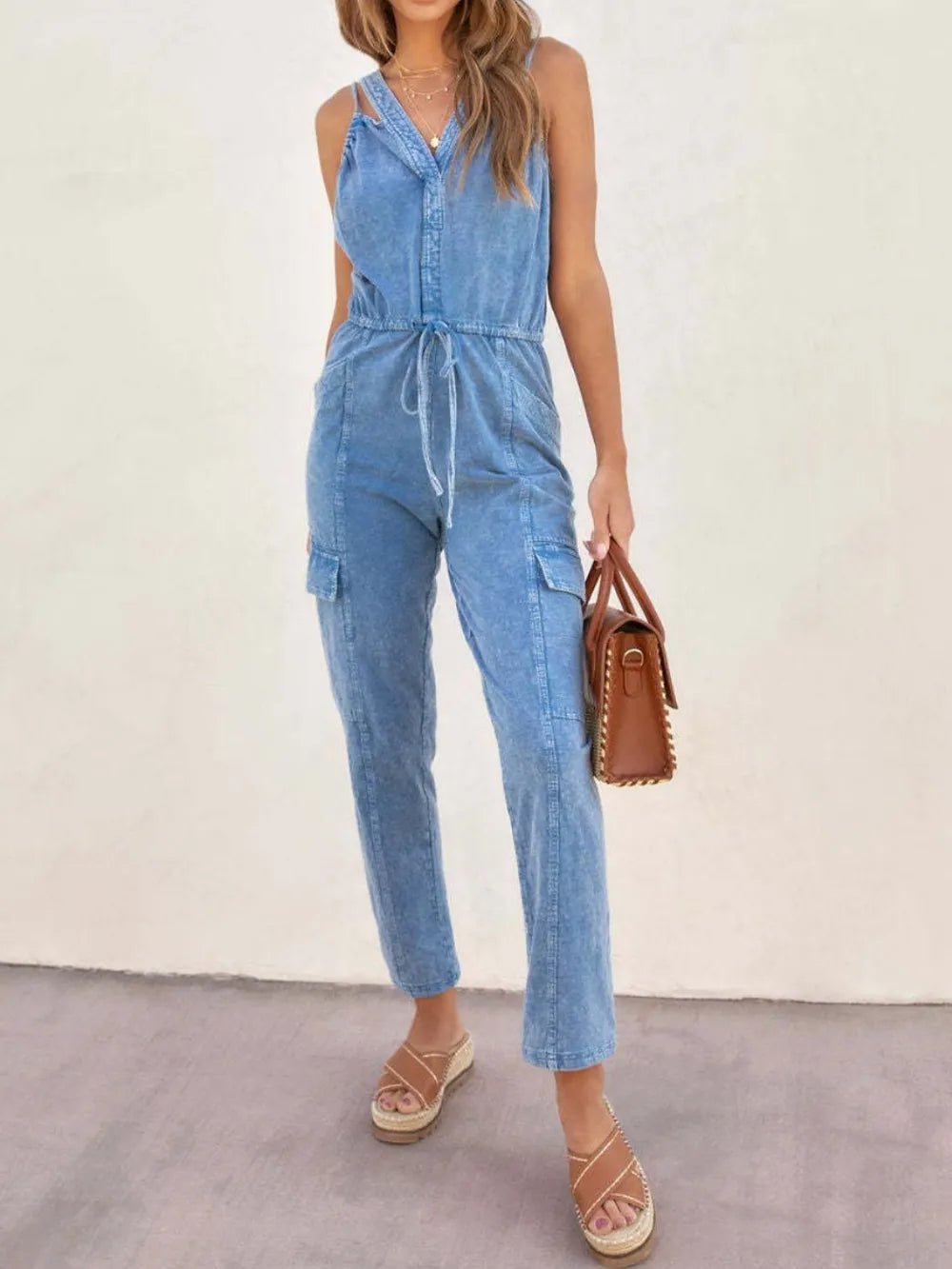 V - Neck Sleeveless Denim Jumpsuit - MegaSuperStar