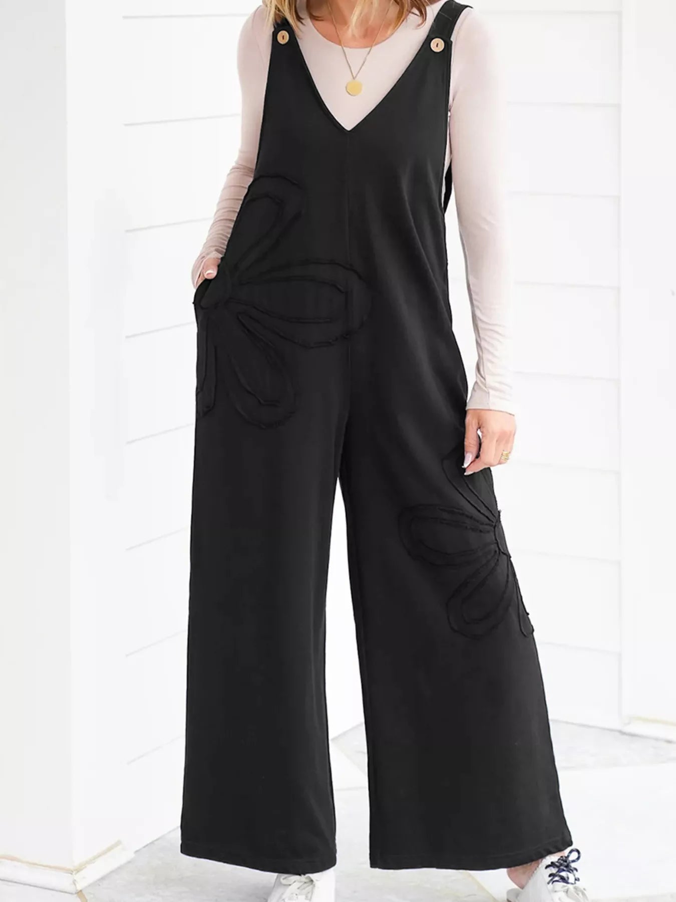 V - Neck Wide Leg Jumpsuit - MegaSuperStar