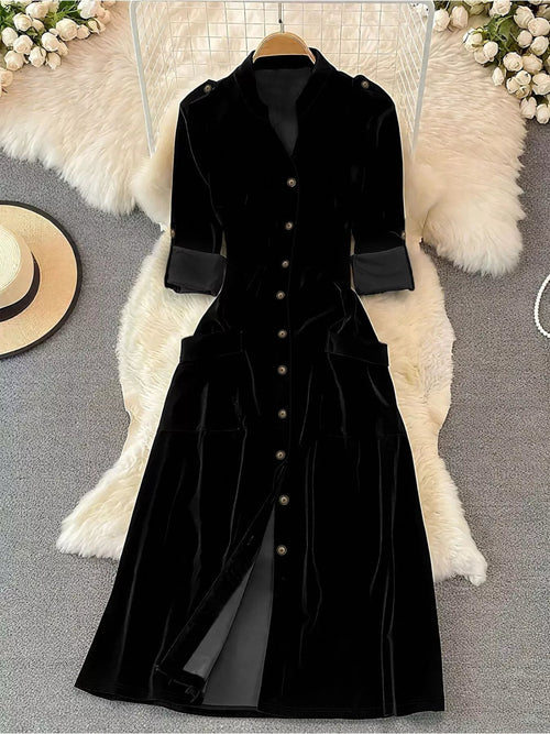 Customer styling Velvet Button-Down Midi Dress