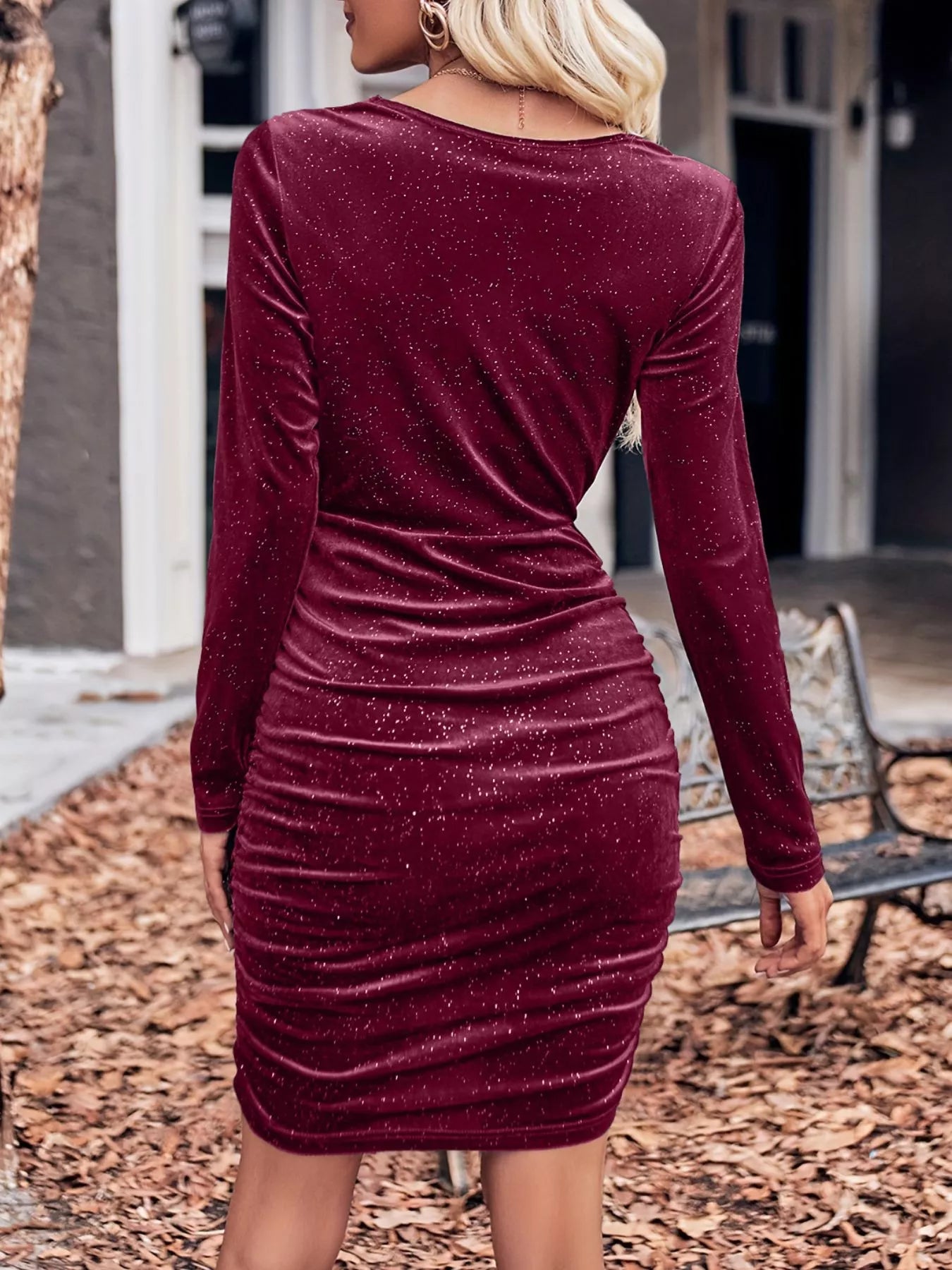 Velvet Cowl Neck Ruched Bodycon Dress - MegaSuperStar