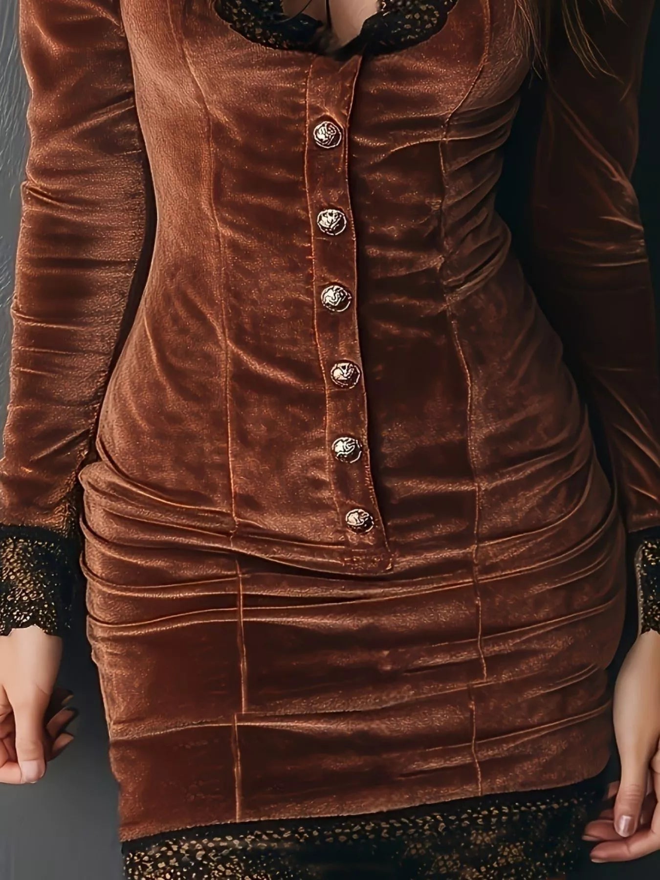 Velvet Lace Trim Bodycon Dress - MegaSuperStar