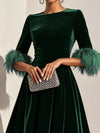 Velvet Midi Dress with Feather Cuffs thumbnail
