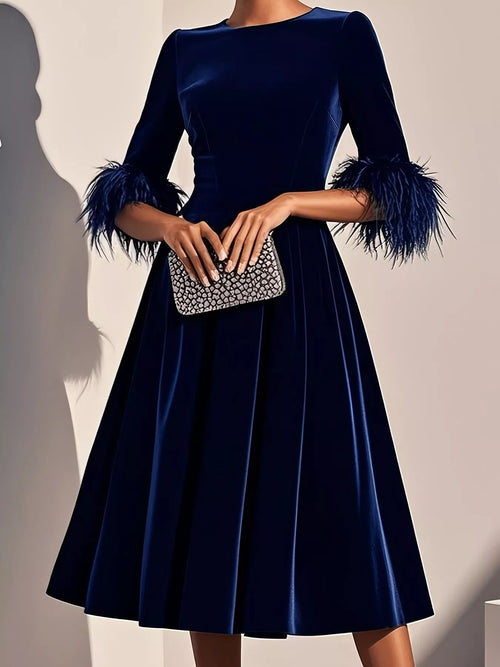 Customer styling Velvet Midi Dress with Feather Cuffs
