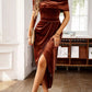 Velvet Off - Shoulder Ruched Midi Dress - MegaSuperStar