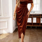 Velvet Off - Shoulder Ruched Midi Dress - MegaSuperStar