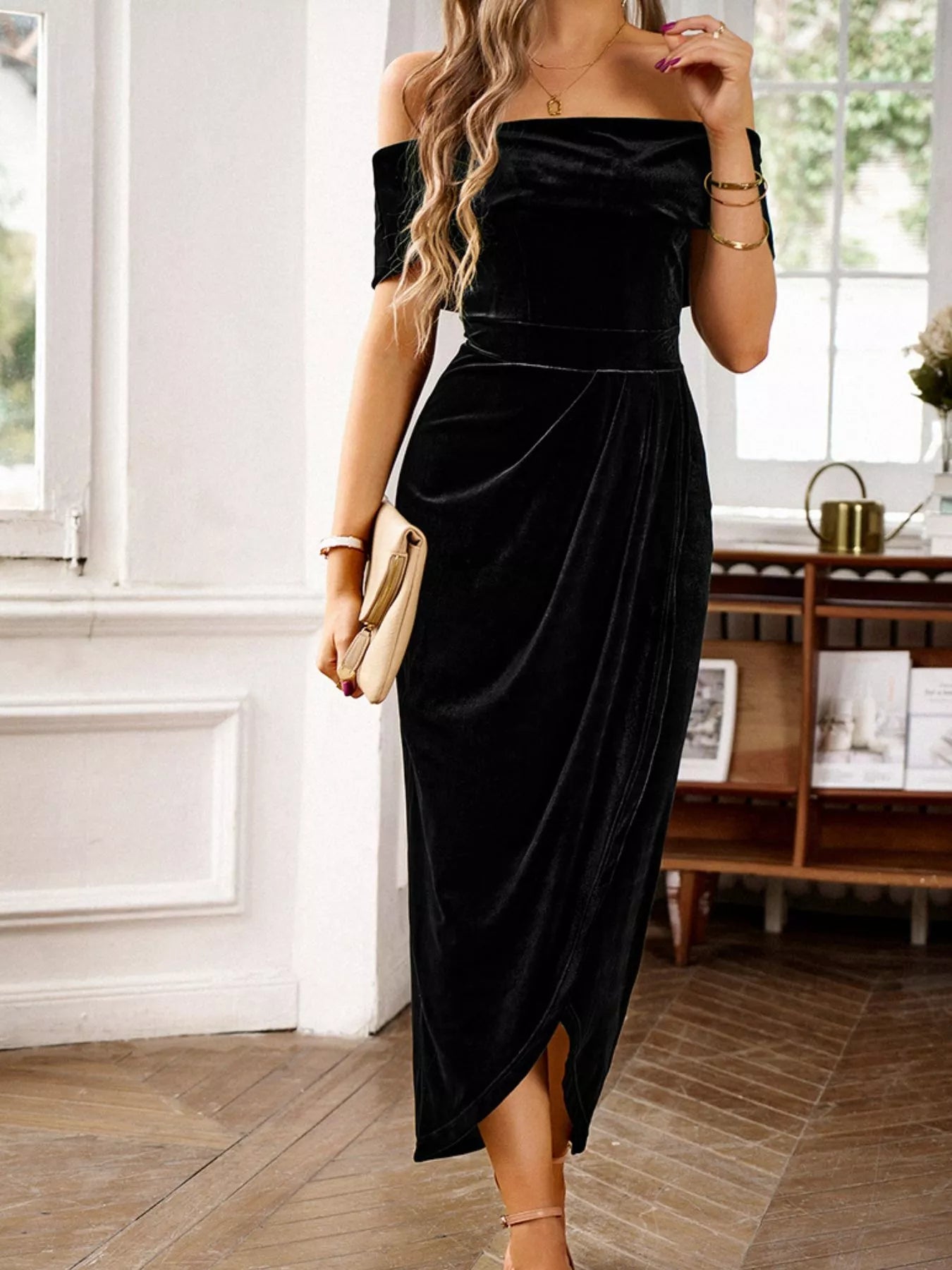 Velvet Off - Shoulder Ruched Midi Dress - MegaSuperStar