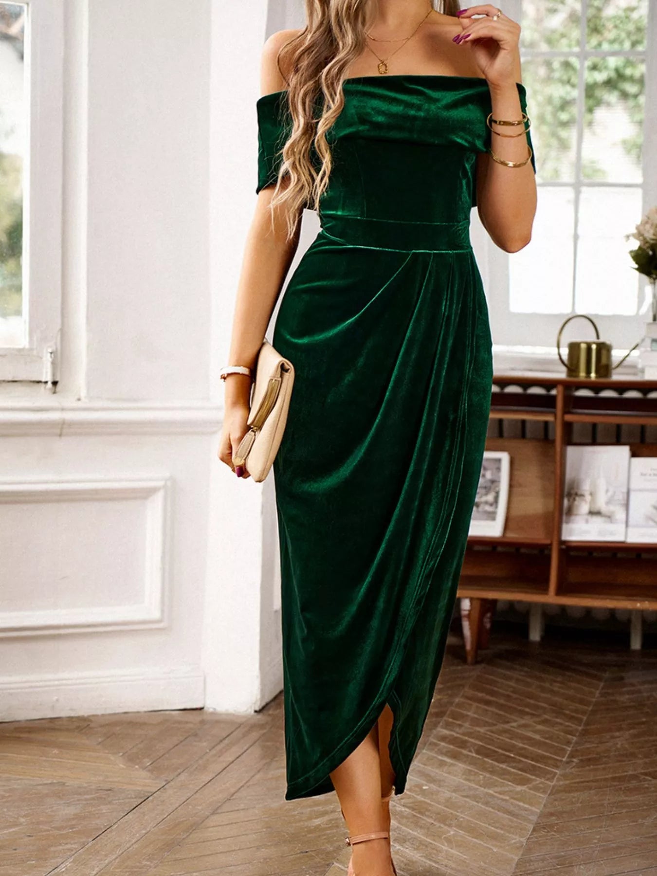Velvet Off - Shoulder Ruched Midi Dress - MegaSuperStar