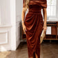 Velvet Off - Shoulder Ruched Midi Dress - MegaSuperStar