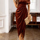 Velvet Off - Shoulder Ruched Midi Dress - MegaSuperStar
