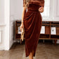 Velvet Off - Shoulder Ruched Midi Dress - MegaSuperStar