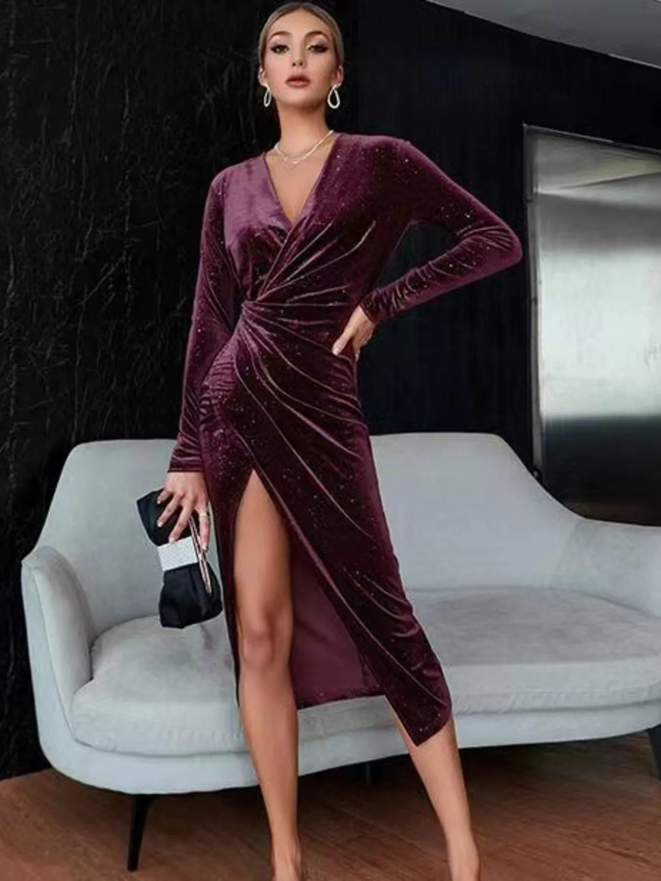 Velvet Ruched Slit Midi Dress - MegaSuperStar