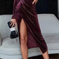 Velvet Ruched Slit Midi Dress - MegaSuperStar