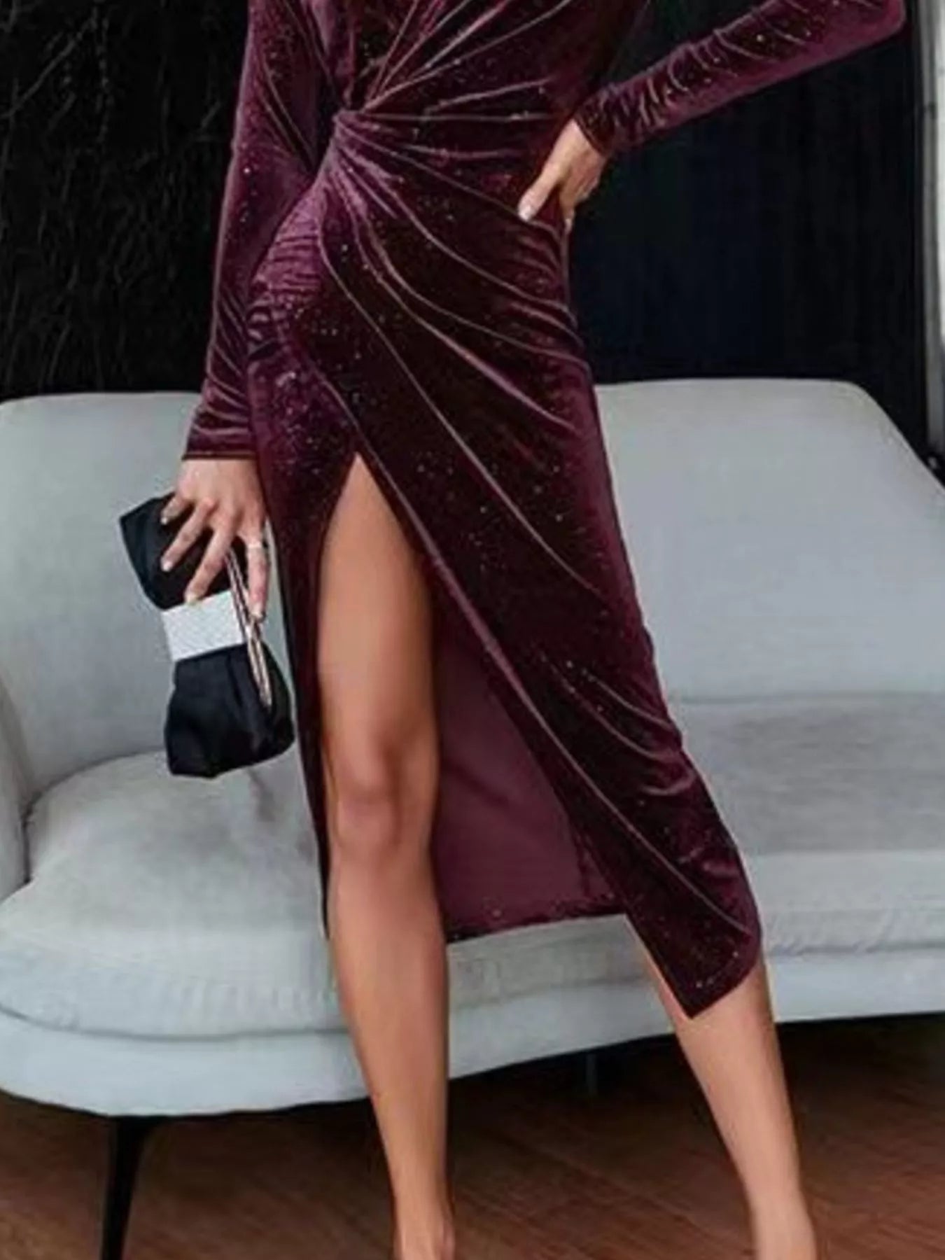 Velvet Ruched Slit Midi Dress - MegaSuperStar
