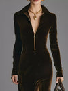 Velvet Zip-Front Slit Midi Dress thumbnail