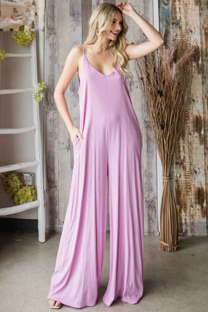 Veveret Wide Leg Jumpsuit with Pocketed Spaghetti Straps and V - Neck - MegaSuperStar