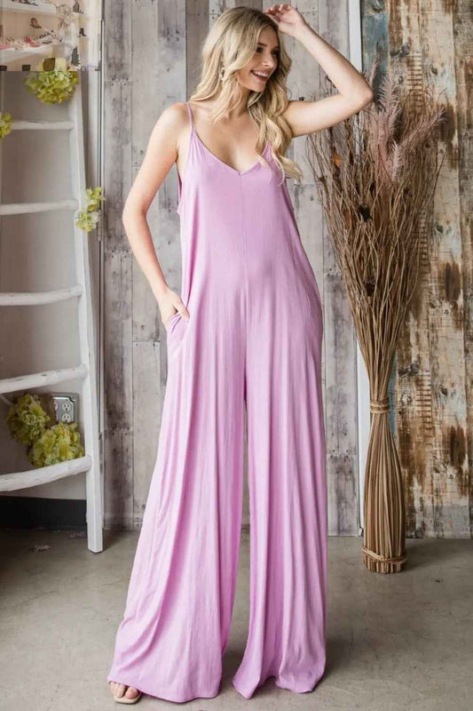 Veveret Wide Leg Jumpsuit with Pocketed Spaghetti Straps and V - Neck - MegaSuperStar