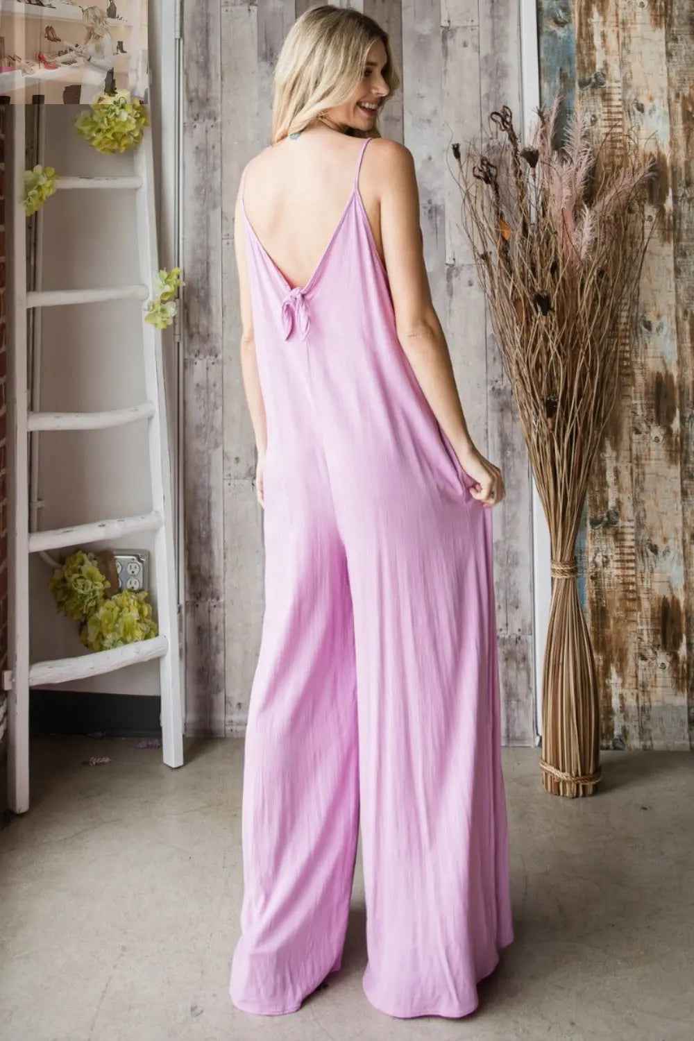 Veveret Wide Leg Jumpsuit with Pocketed Spaghetti Straps and V - Neck - MegaSuperStar