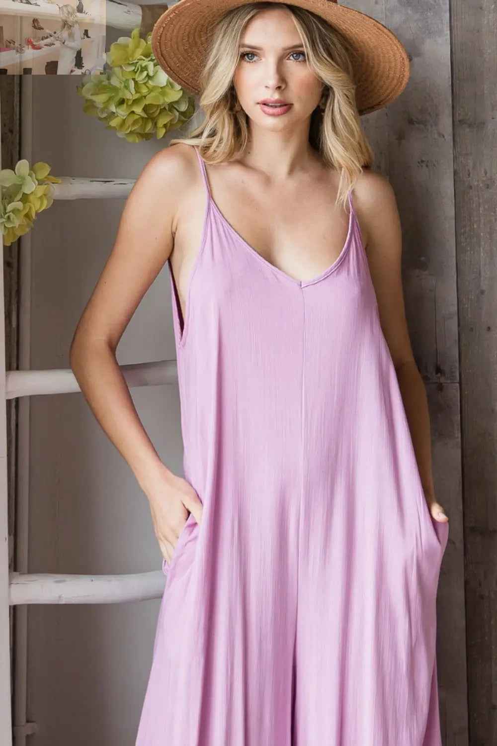 Veveret Wide Leg Jumpsuit with Pocketed Spaghetti Straps and V - Neck - MegaSuperStar