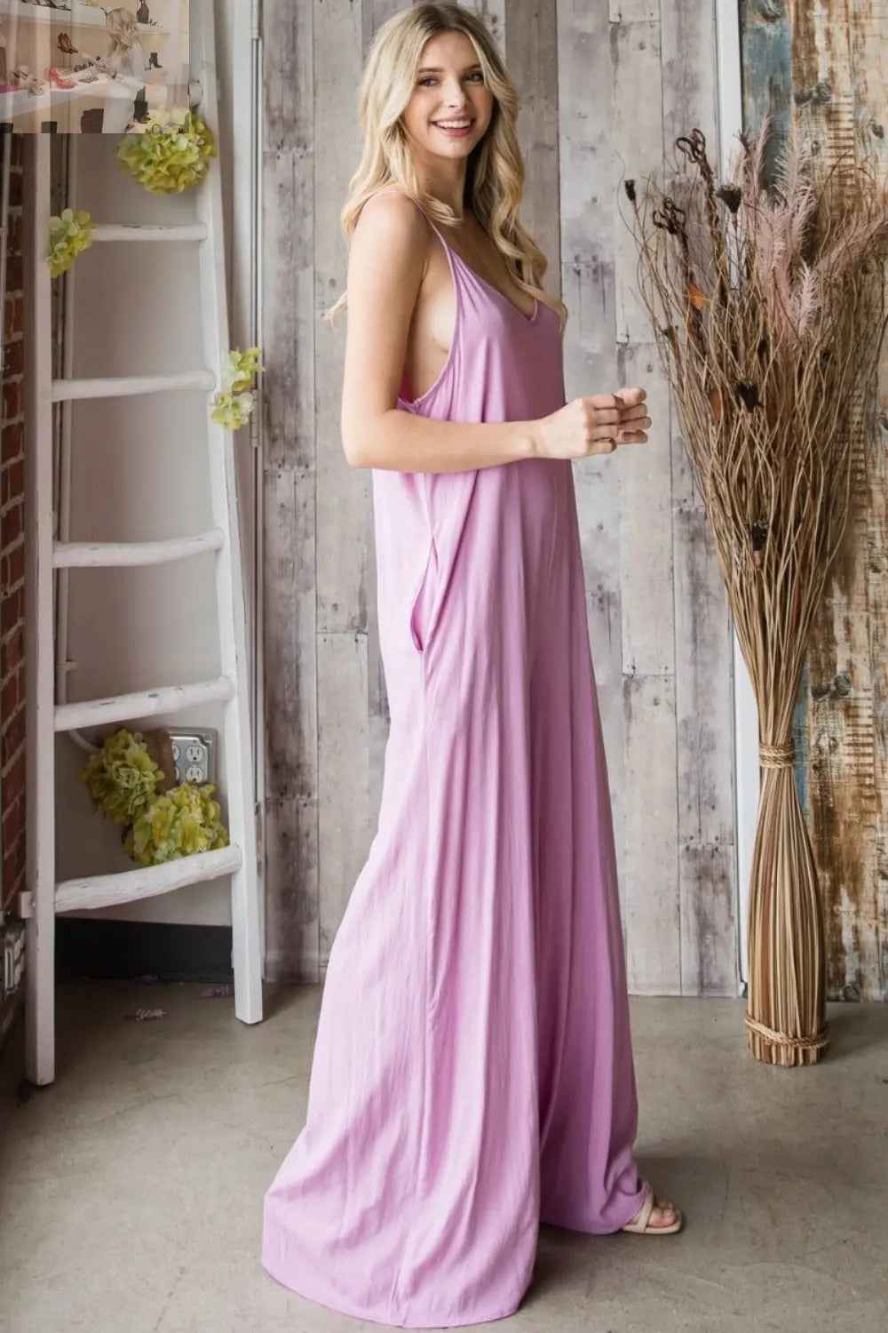 Veveret Wide Leg Jumpsuit with Pocketed Spaghetti Straps and V - Neck - MegaSuperStar