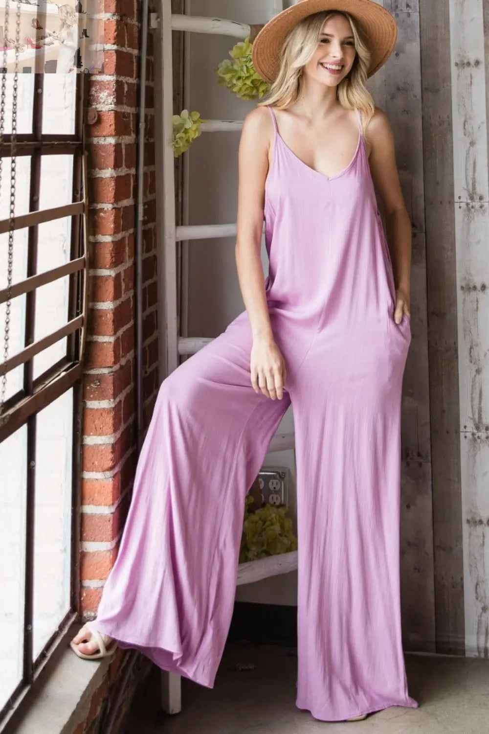 Veveret Wide Leg Jumpsuit with Pocketed Spaghetti Straps and V - Neck - MegaSuperStar