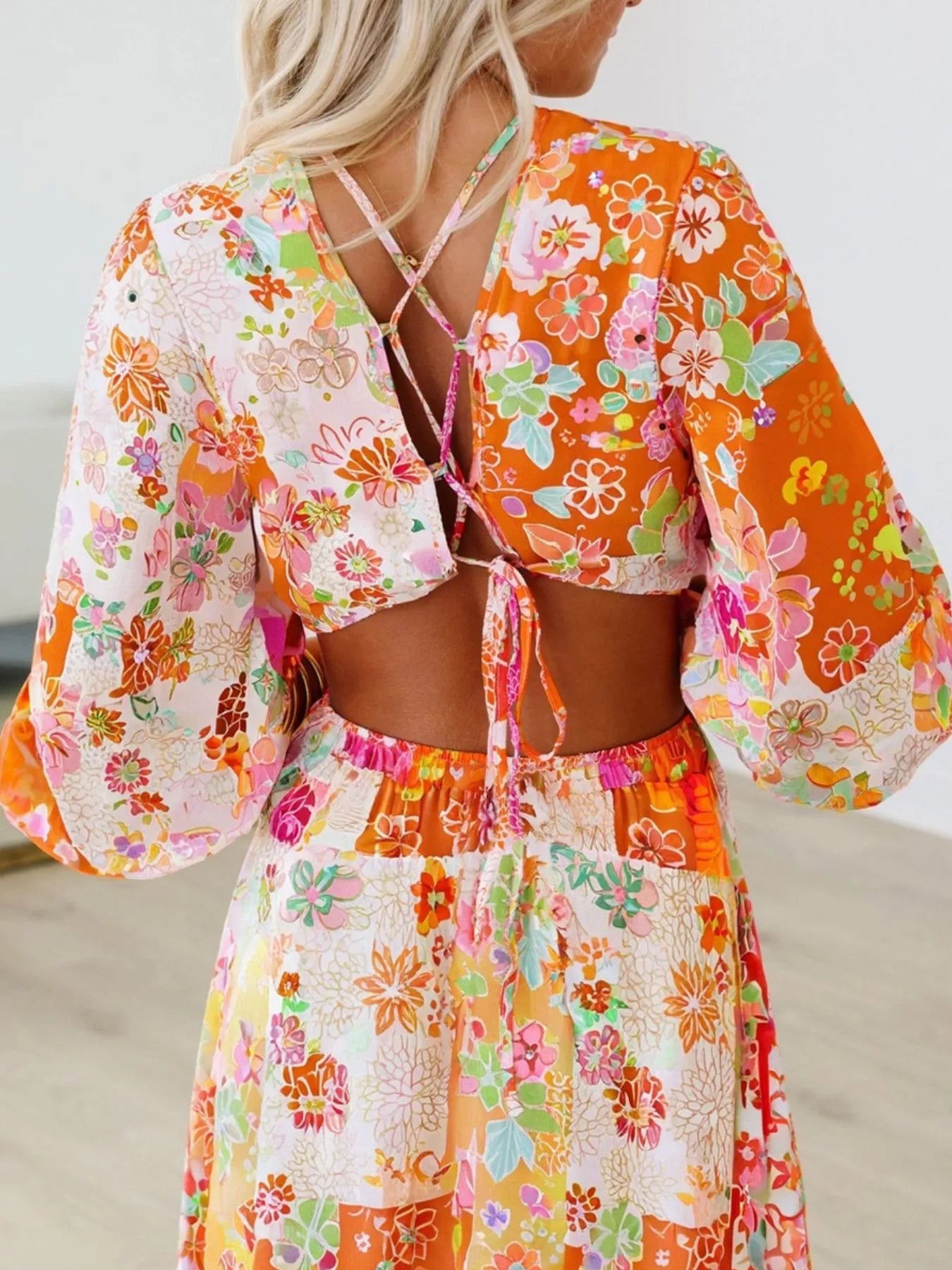 🌸 Vibrant Floral Long Sleeve Dress with Lace - Up Back 🌸 - MegaSuperStar