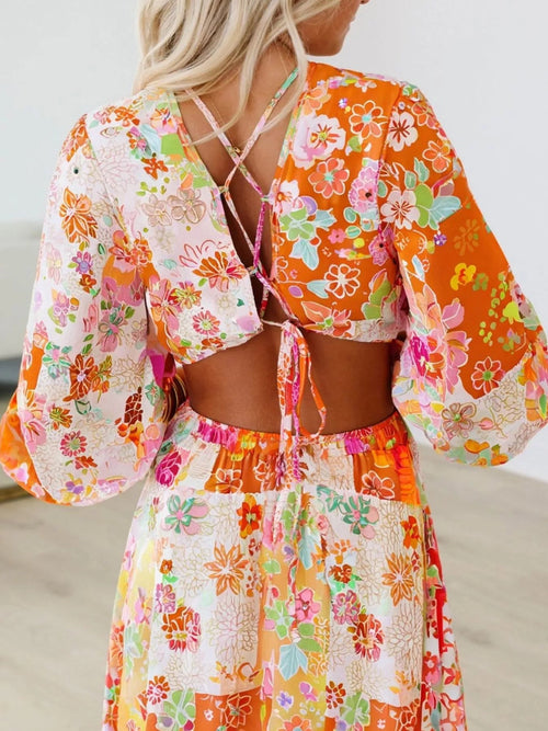 Customer styling 🌸 Vibrant Floral Long Sleeve Dress with Lace-Up Back 🌸