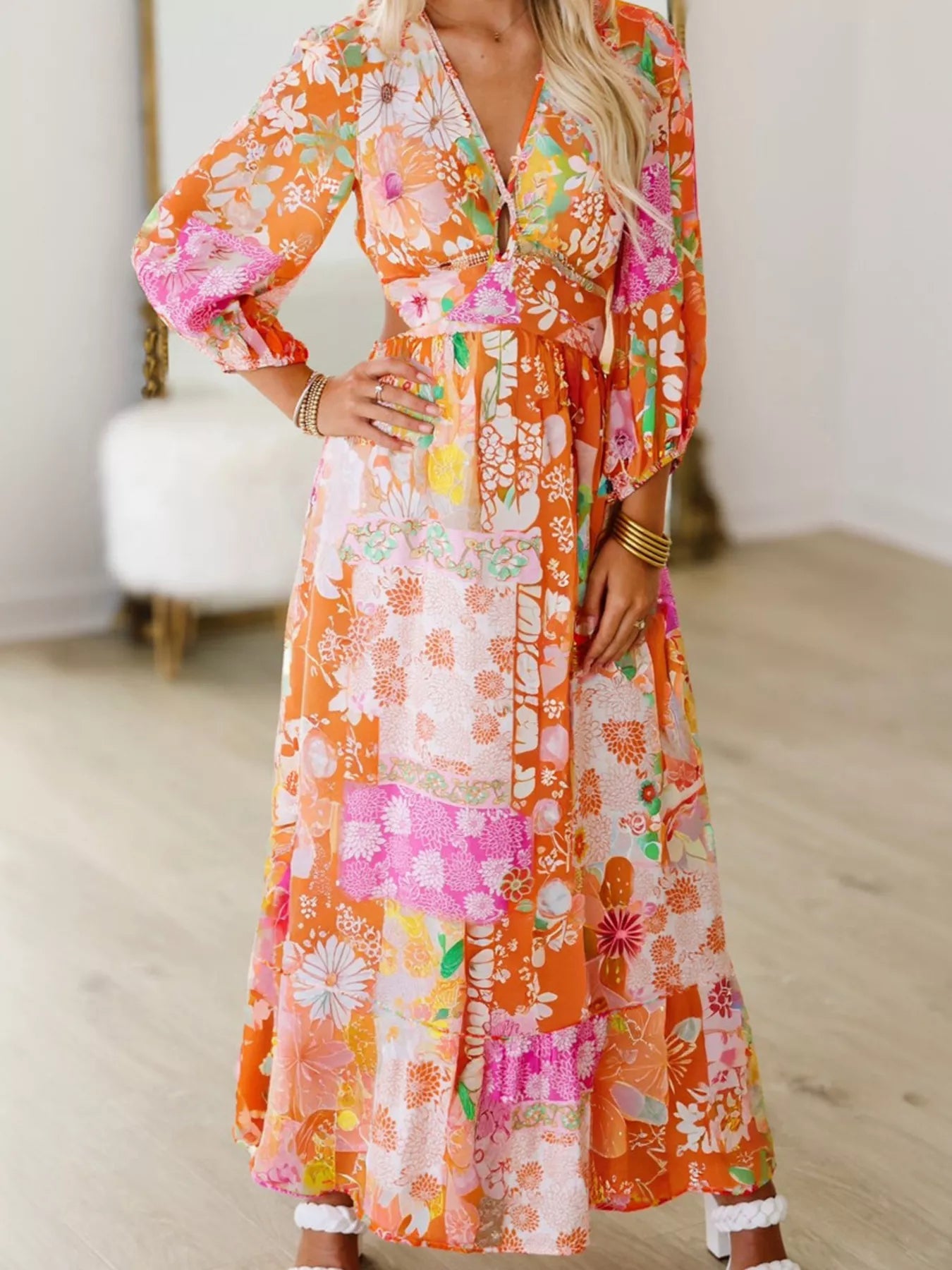 🌸 Vibrant Floral Long Sleeve Dress with Lace - Up Back 🌸 - MegaSuperStar