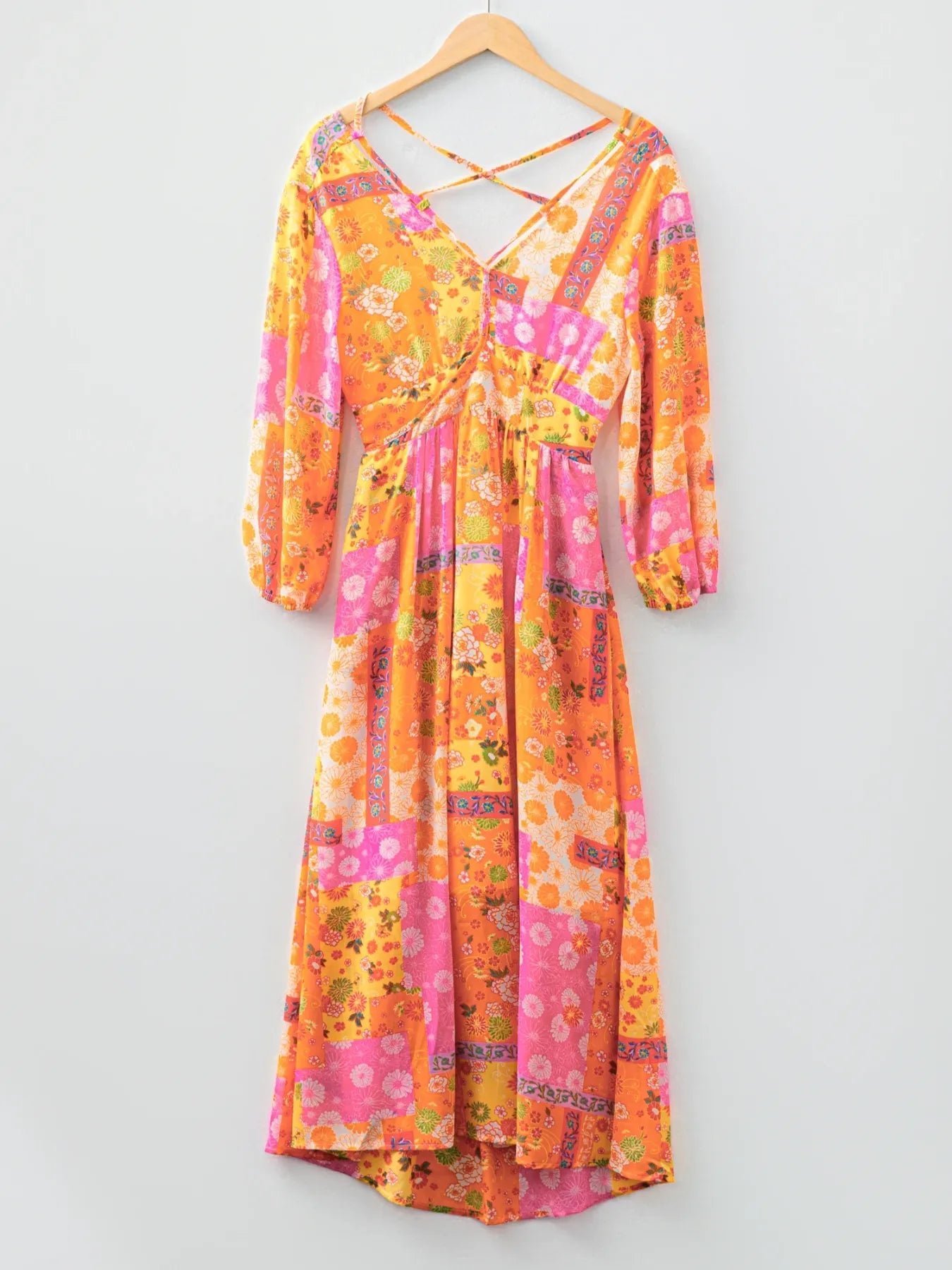 🌸 Vibrant Floral Long Sleeve Dress with Lace - Up Back 🌸 - MegaSuperStar