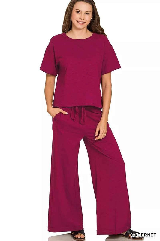 Zenana Cotton Slub Set: Short Sleeve Tee and Pants for Ultimate Comfort - MegaSuperStar