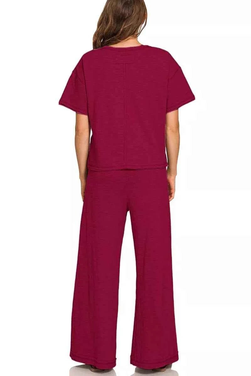 Zenana Cotton Slub Set: Short Sleeve Tee and Pants for Ultimate Comfort - MegaSuperStar