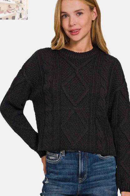Zenana Cropped Cable Sweater with High Low Design and Side Slits - MegaSuperStar