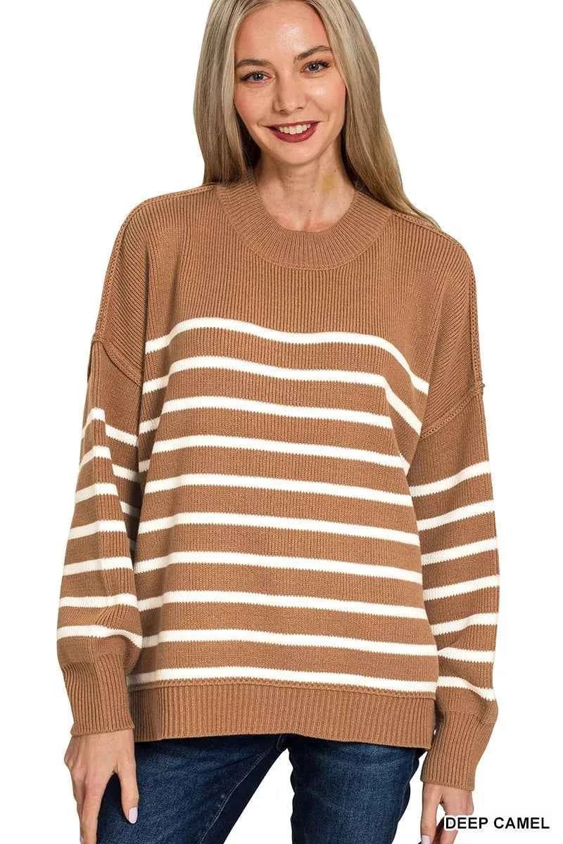 Zenana Exposed Seam Striped Oversized Sweater - MegaSuperStar