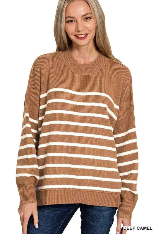 Zenana Exposed Seam Striped Oversized Sweater - MegaSuperStar