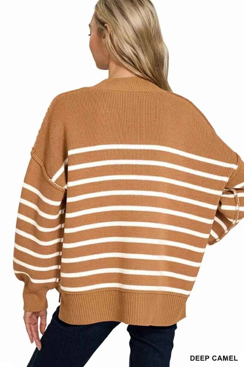 Zenana Exposed Seam Striped Oversized Sweater - MegaSuperStar
