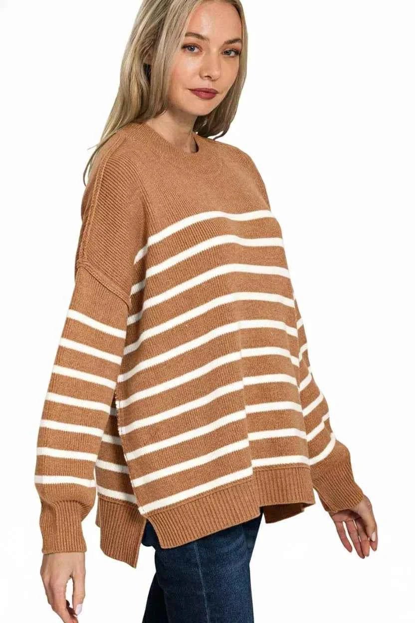 Zenana Exposed Seam Striped Oversized Sweater - MegaSuperStar