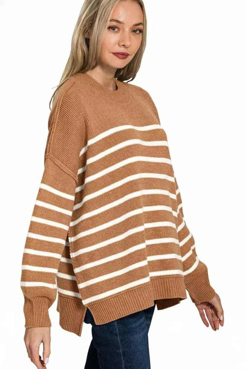 Customer styling 💖 Zenana Exposed Seam Striped Oversized Sweater 💖