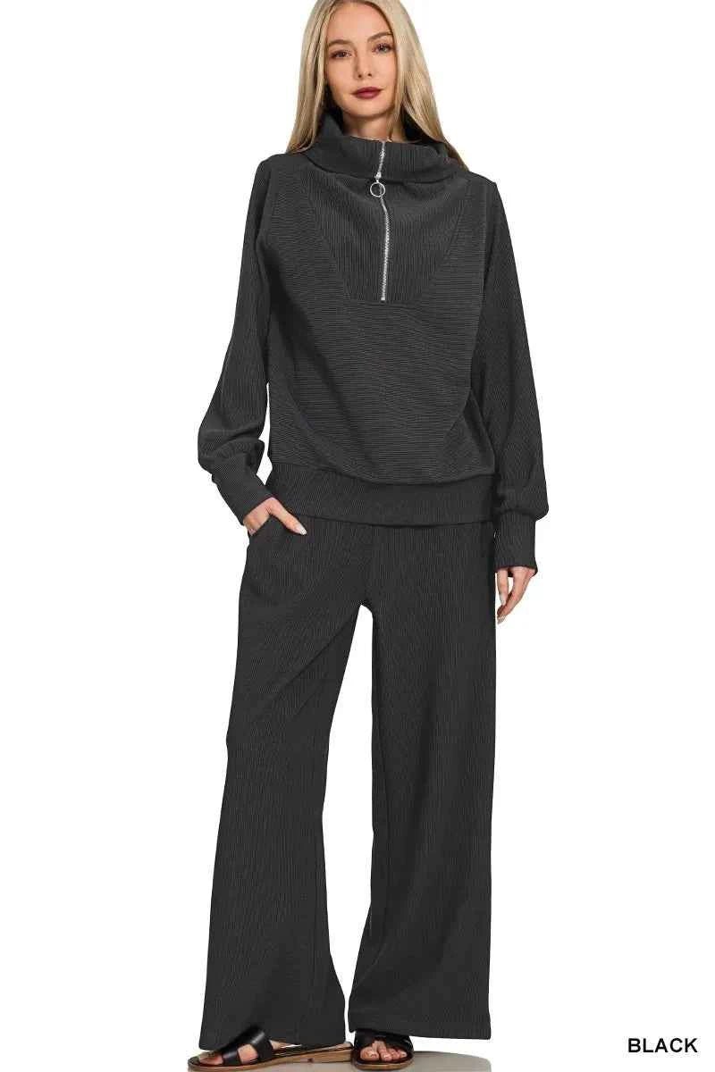 Zenana High Neck Pullover Pants Set - Ribbed Half Zip Design for Stylish Comfort - MegaSuperStar