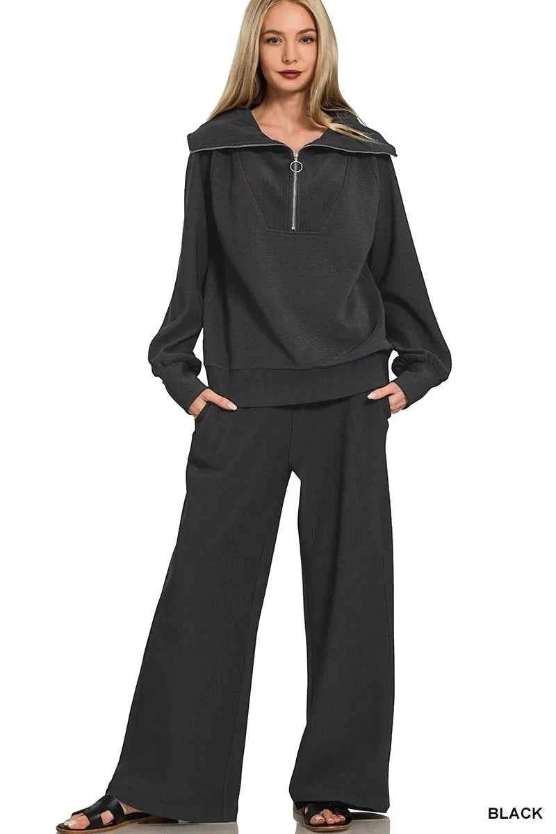 Zenana High Neck Pullover Pants Set - Ribbed Half Zip Design for Stylish Comfort - MegaSuperStar