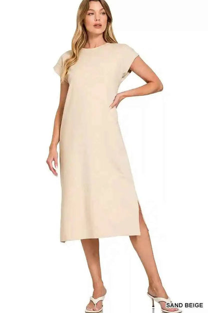 Zenana Midi Dress with Round Neck and Side Slit for Effortless Style - MegaSuperStar