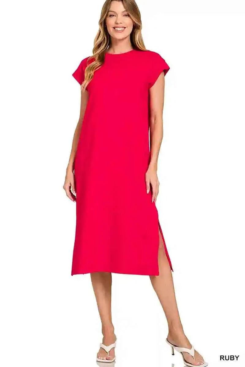 Zenana Midi Dress with Round Neck and Side Slit - Perfect for Every Occasion - MegaSuperStar