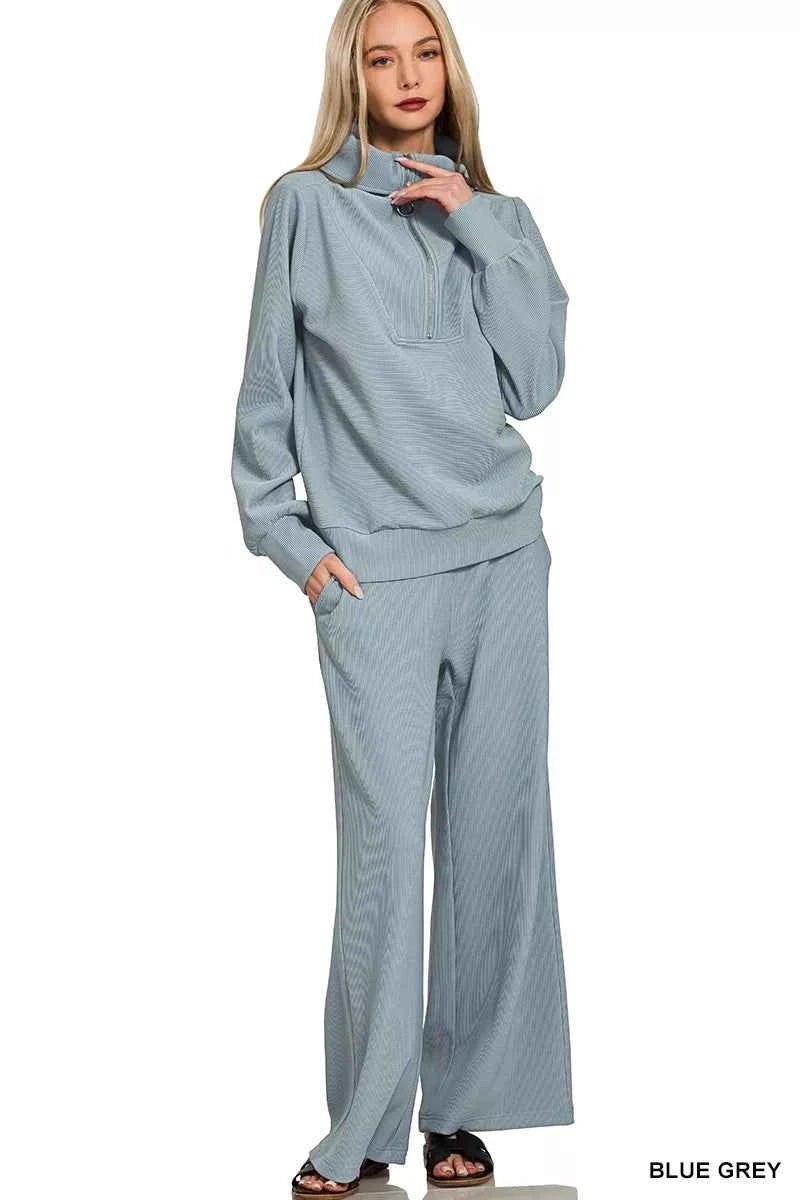 Zenana Ribbed Half Zip Set: High Neck Pullover & Pants Set - MegaSuperStar