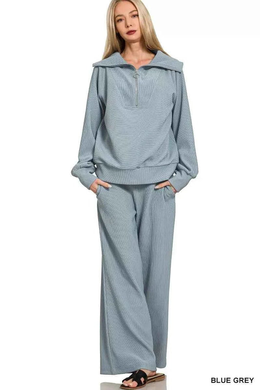 Zenana Ribbed Half Zip Set: High Neck Pullover & Pants Set - MegaSuperStar