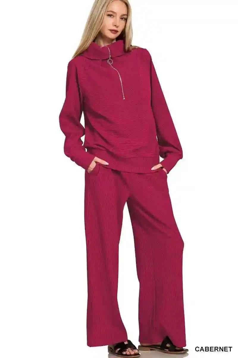 Zenana Ribbed Pullover and Pants Set - Ultimate Cozy High Neck Half Zip Outfit - MegaSuperStar