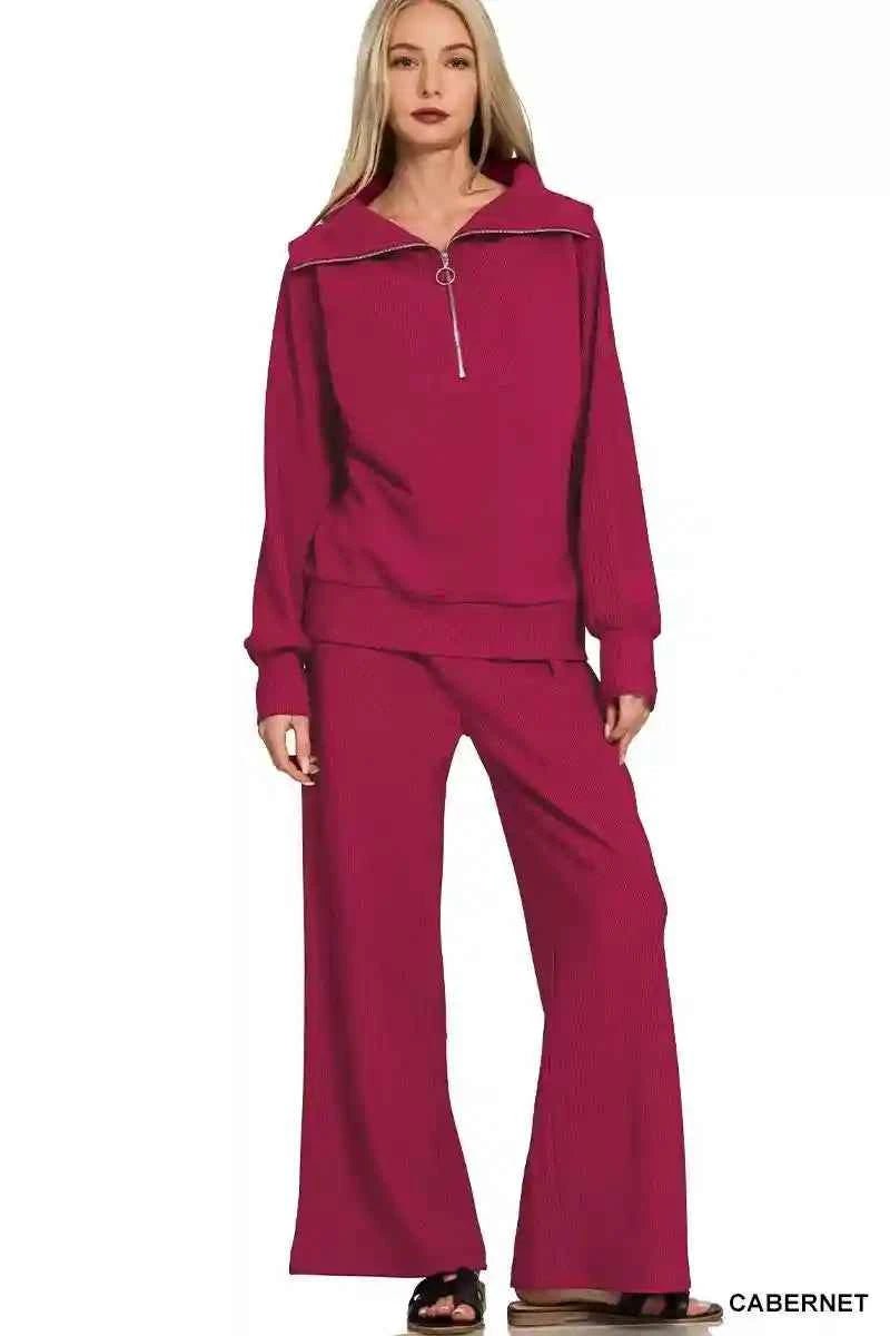 Zenana Ribbed Pullover and Pants Set - Ultimate Cozy High Neck Half Zip Outfit - MegaSuperStar