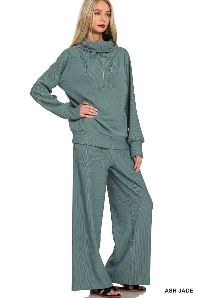Zenana Ribbed Pullover and Pants Set with High Neck and Half Zip - MegaSuperStar