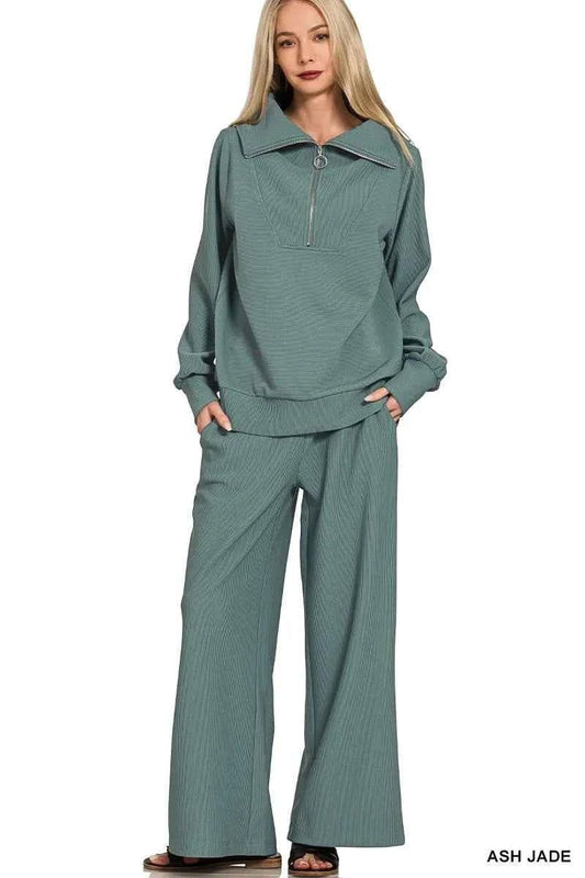 Zenana Ribbed Pullover and Pants Set with High Neck and Half Zip - MegaSuperStar