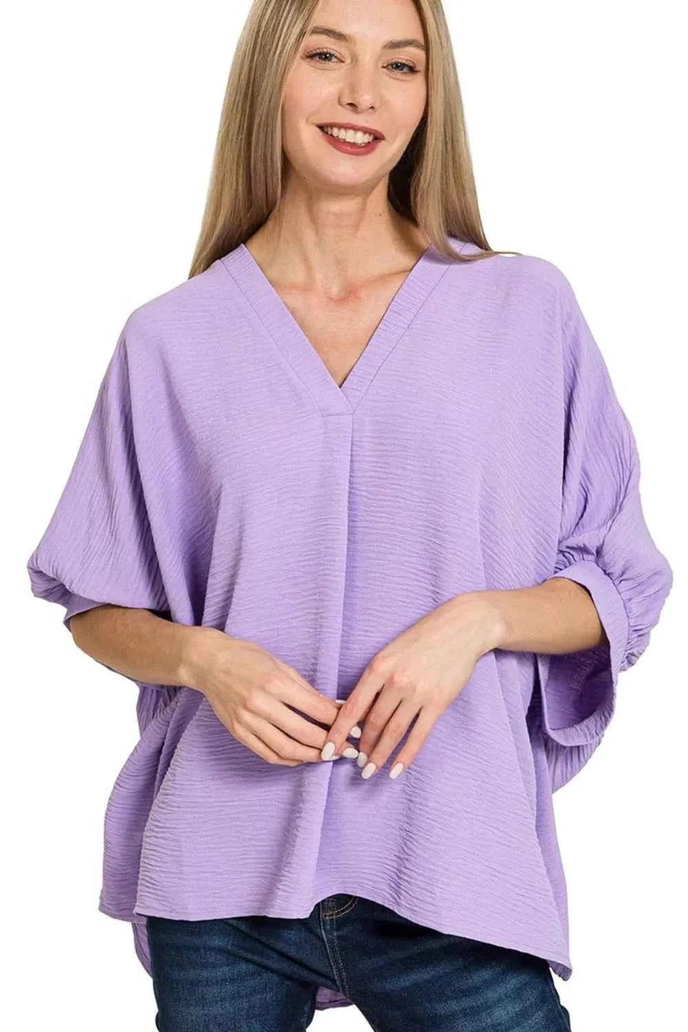 Zenana V - neck Puff Sleeve Top - Woven Airflow Half Sleeve Style - MegaSuperStar