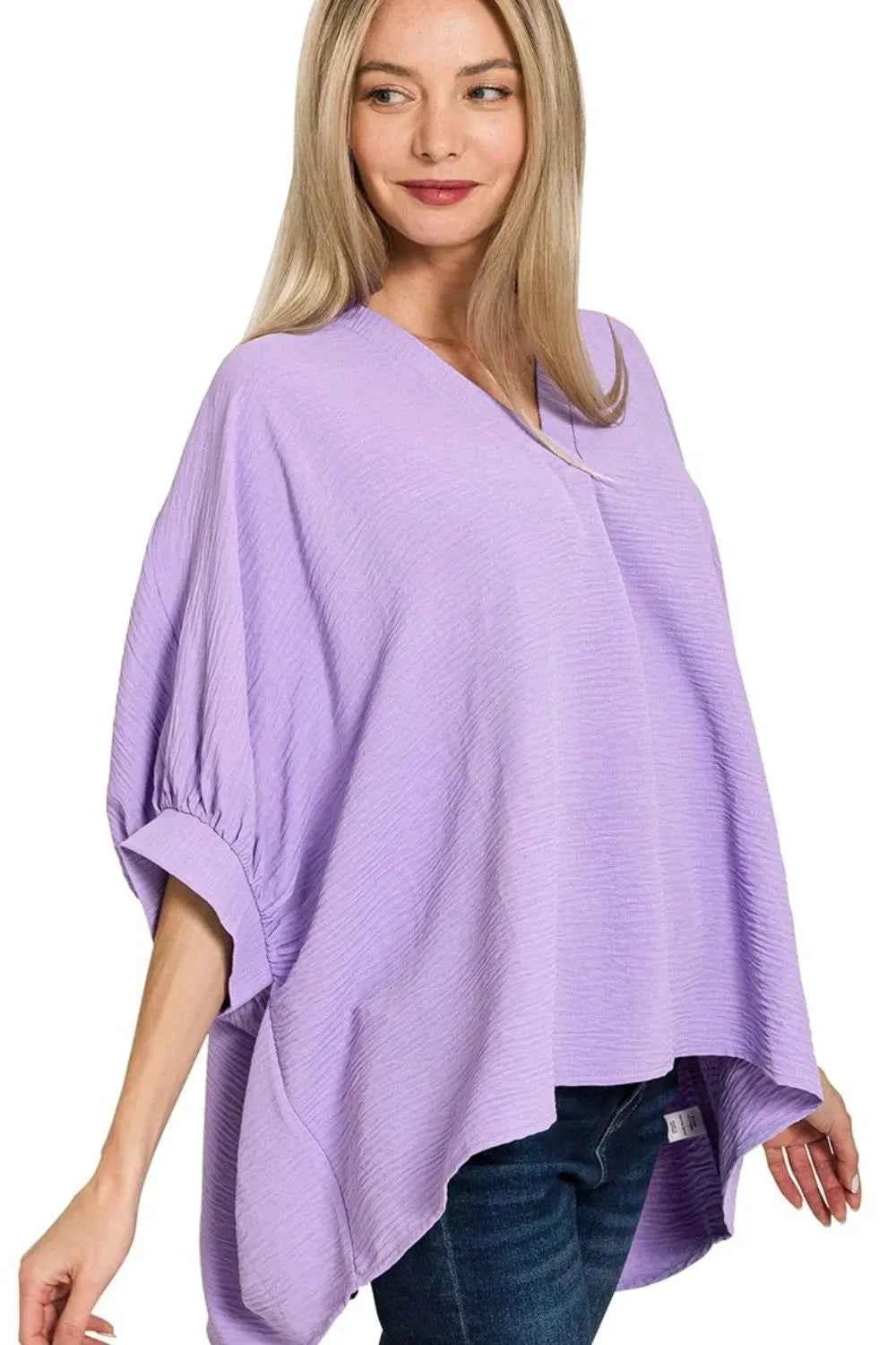 Zenana V - neck Puff Sleeve Top - Woven Airflow Half Sleeve Style - MegaSuperStar