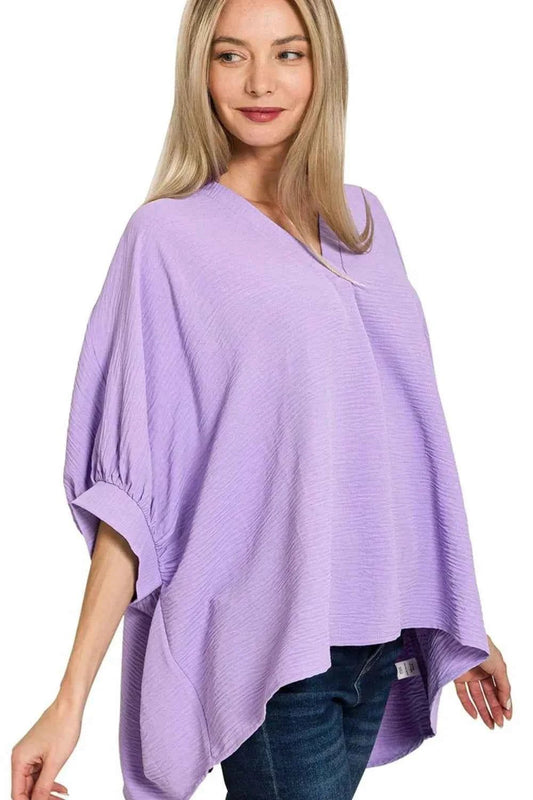 Zenana V - neck Puff Sleeve Top - Woven Airflow Half Sleeve Style - MegaSuperStar